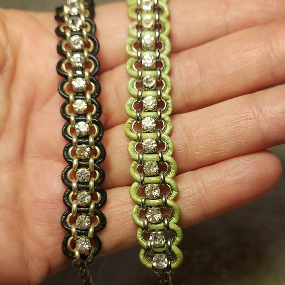 Jewelry - Set of 2 Rhinestone Chain Link Bracelets with Extender – Black & Green Accents